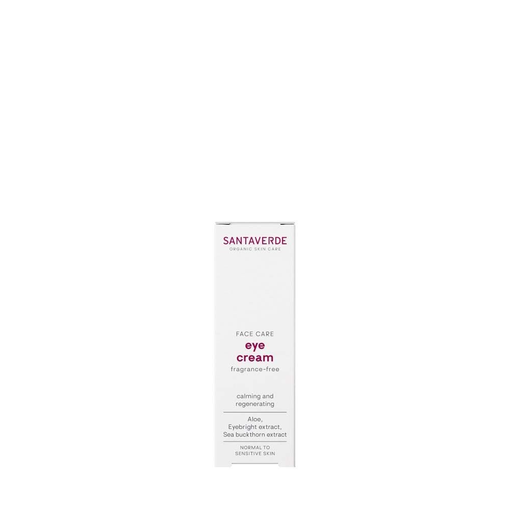 Verpackung der Augencreme. Text: Face Care, eye cream fragrance-free. Zusätze: Aloe, Augentrostextrakt, Sanddornextrakt.