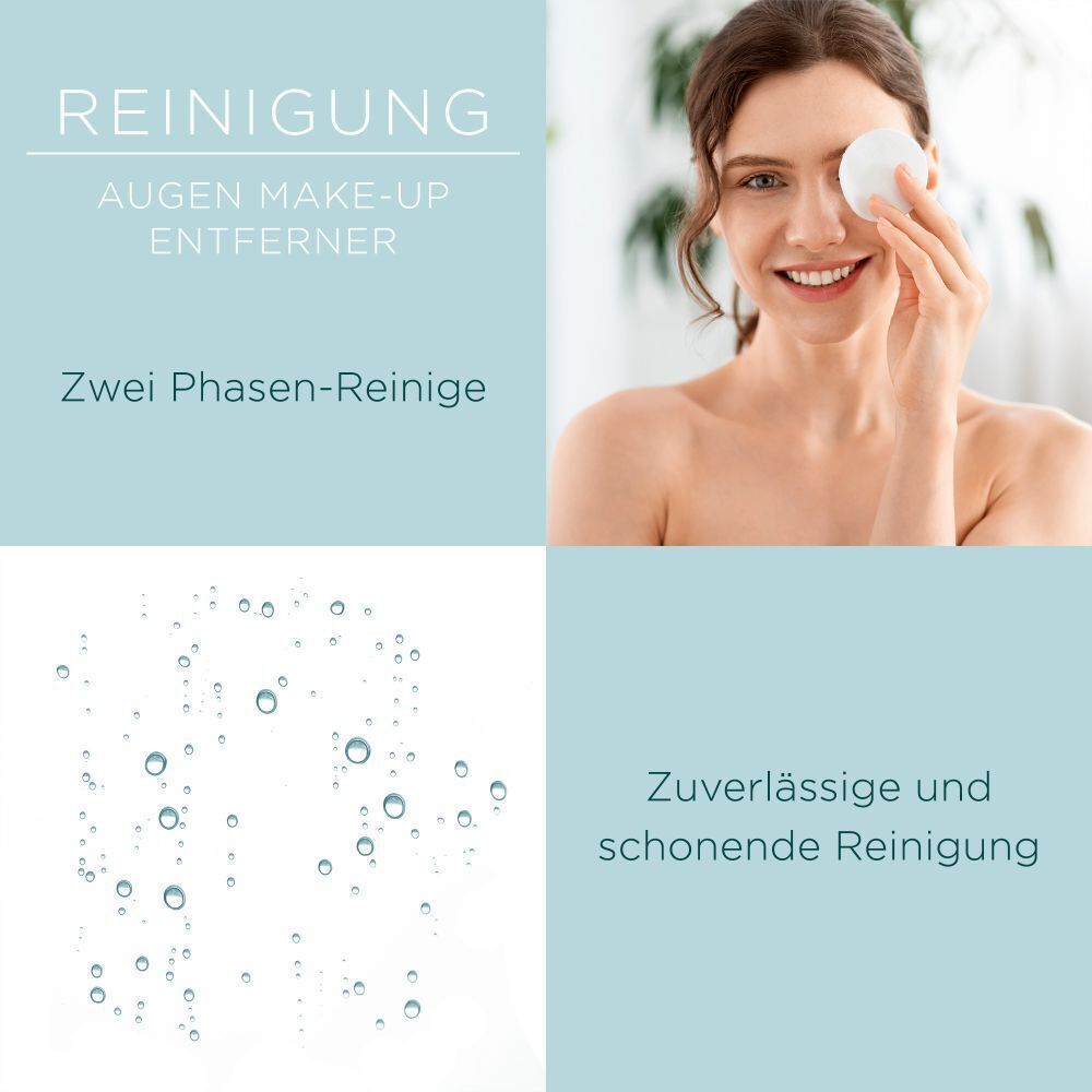 Frau wischt sich mit einem Wattepad das Auge ab. Text: Augen Make-up Entferner, Zwei Phasen-Reinige, Zuverlässige und schonende Reinigung.