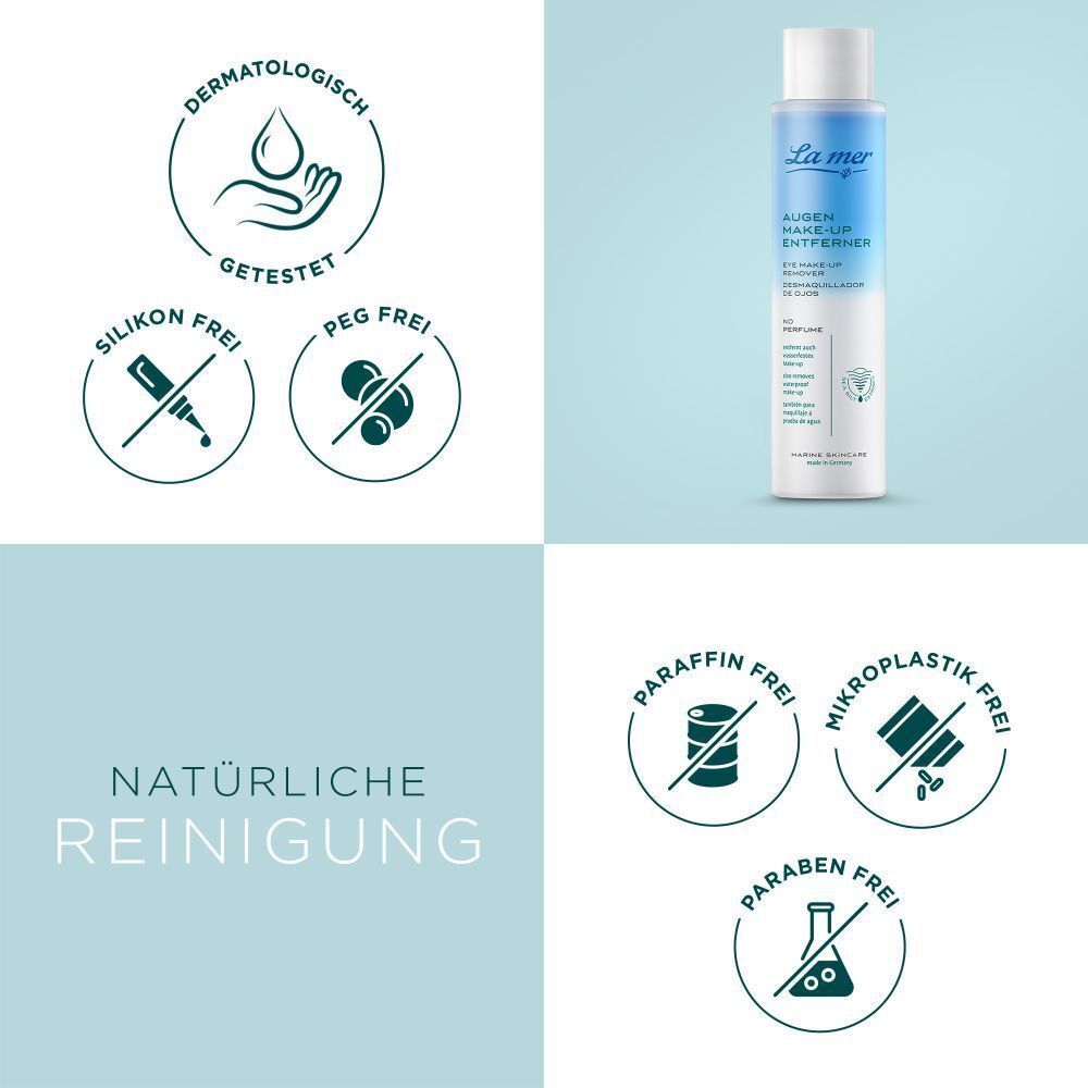 La mer Augen Make-up Entferner Flasche. Logos: Dermatologisch getestet, Silikon frei, PEG frei, Paraffin frei, Mikroplastik frei, Paraben frei.