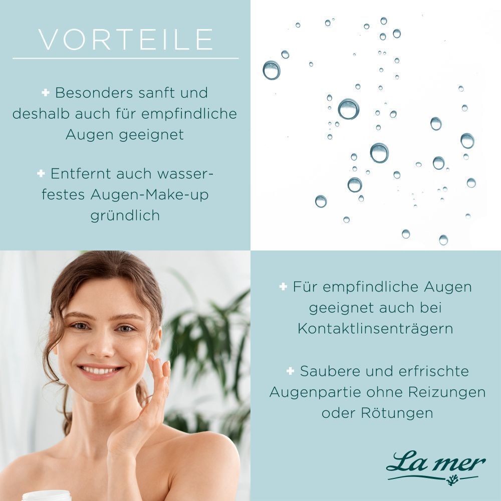 Frau berührt ihr Gesicht. Text: Besonders sanft, entfernt wasserfestes Make-up, für empfindliche Augen, für Kontaktlinsenträger.