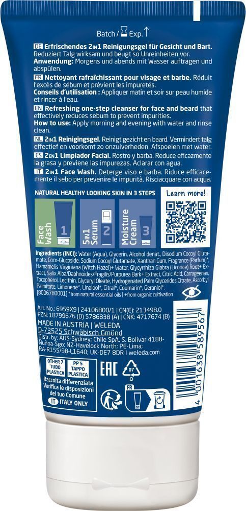 Rückseite der Weleda For Men 2in1 Face Wash Tube. Text in mehreren Sprachen. Inhaltsstoffe und Anwendung.