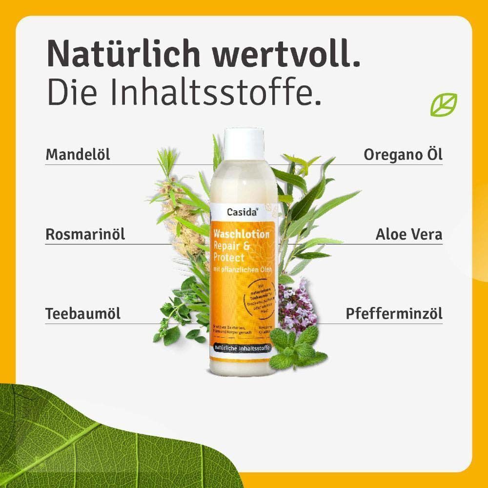 Eine Flasche Casida Waschlotion Repair & Protect, umgeben von Kräutern. Text: Mandelöl, Rosmarinöl, Teebaumöl, Oreganoöl, Aloe Vera, Pfefferminzöl.
