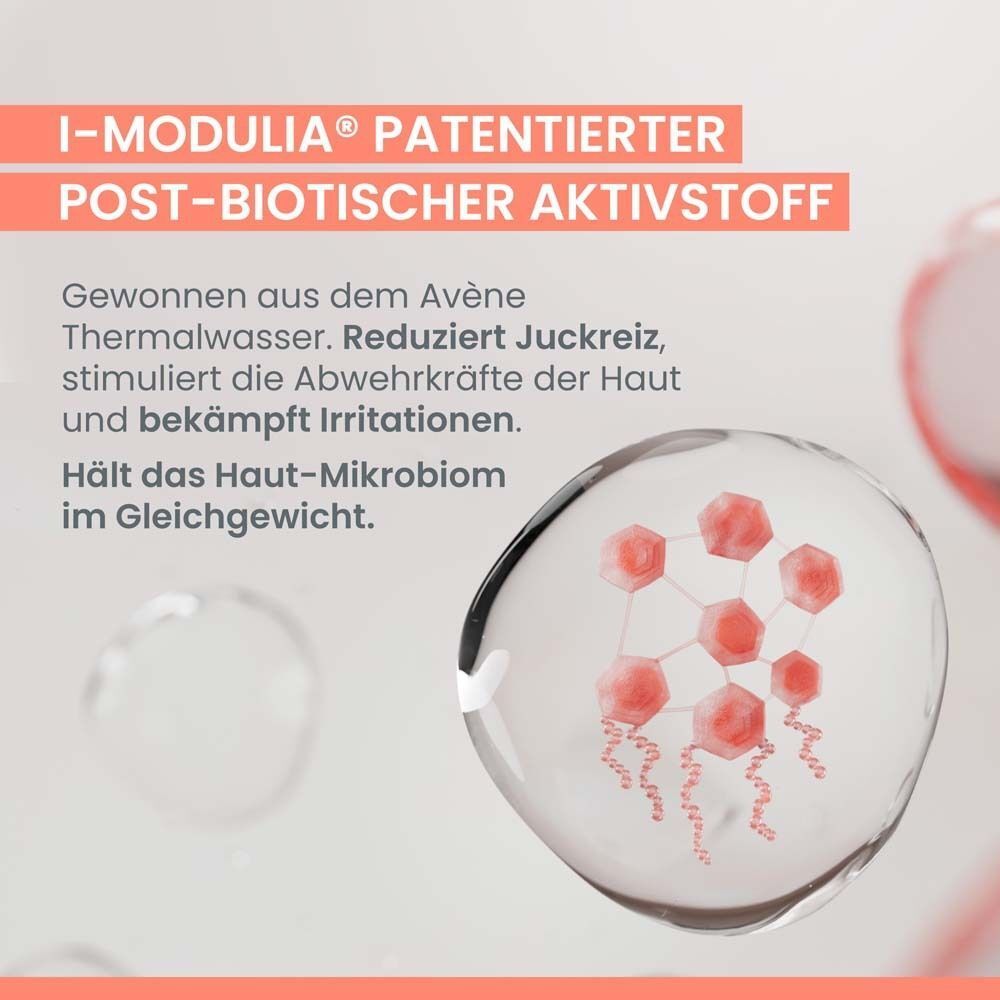 Abbildung einer Zelle mit roten Strukturen. Text: I-MODULIA patentierter post-biotischer Wirkstoff. Reduziert Juckreiz.