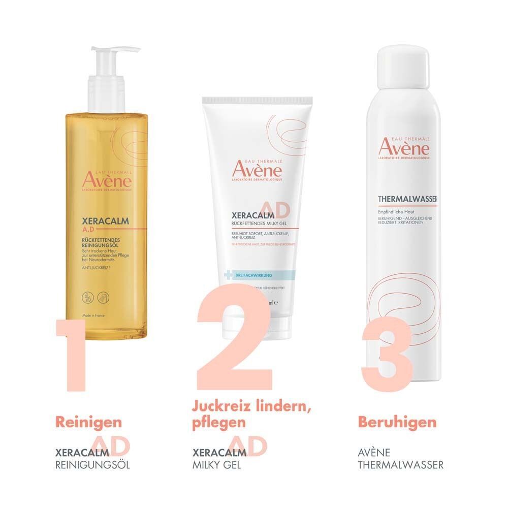 Drei Produkte: XeraCalm A.D Reinigungsöl, XeraCalm A.D Milky Gel, Avène Thermalwasser. Alle mit Avène-Logo.