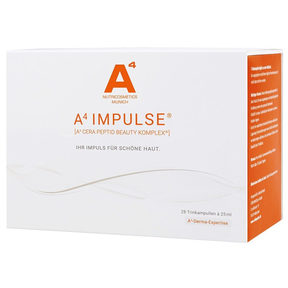 Schachtel mit A4 Impulse® Trinkampullen. Enthält 28 Ampullen à 25ml für schöne Haut.
