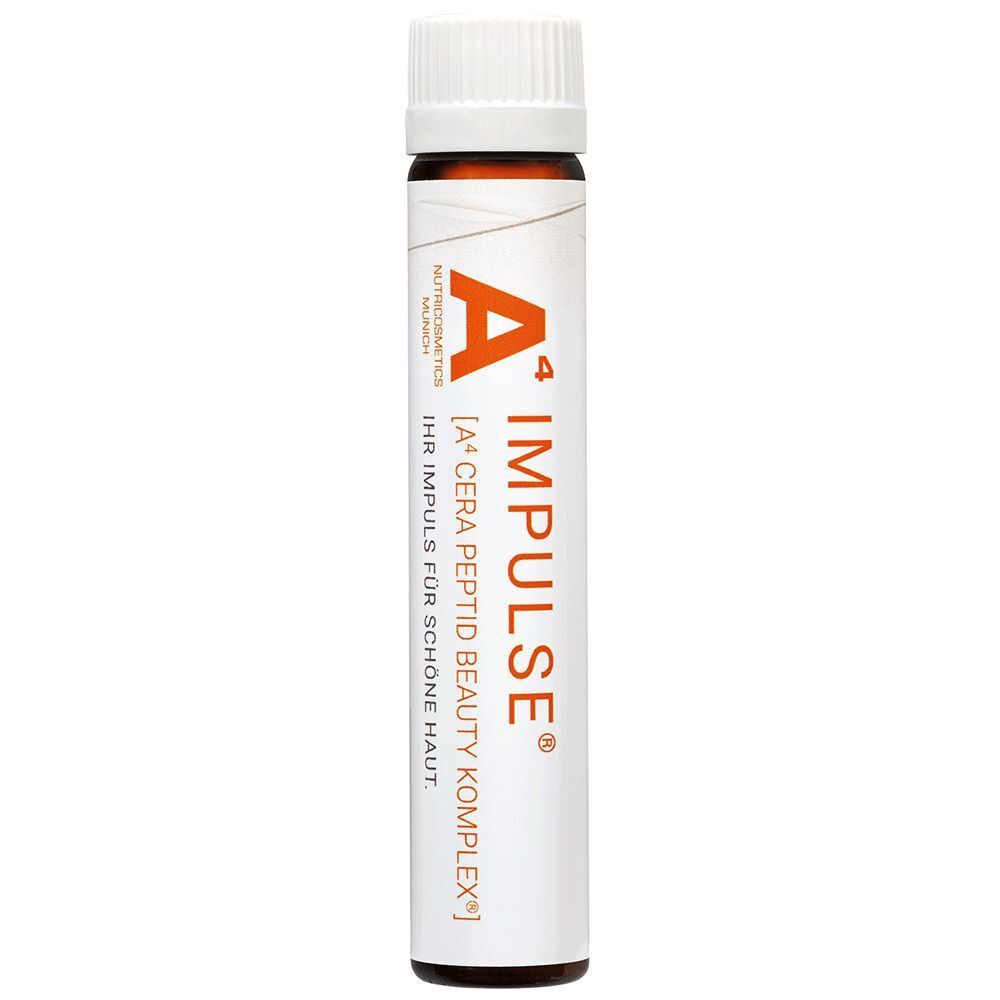 Eine einzelne A4 Impulse® Trinkampulle mit 25ml Inhalt für schöne Haut.