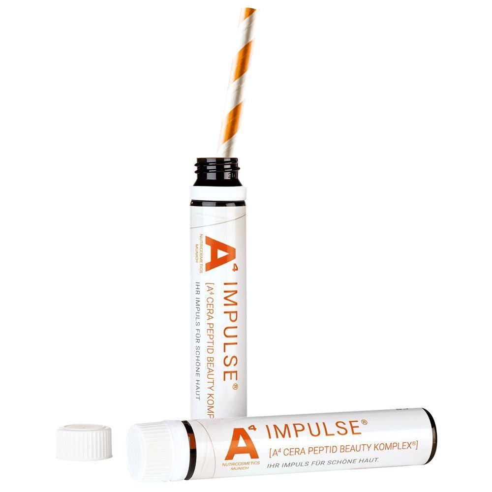 Zwei A4 Impulse® Ampullen, eine geöffnet mit Trinkhalm, eine verschlossen. Inhalt je 25ml.