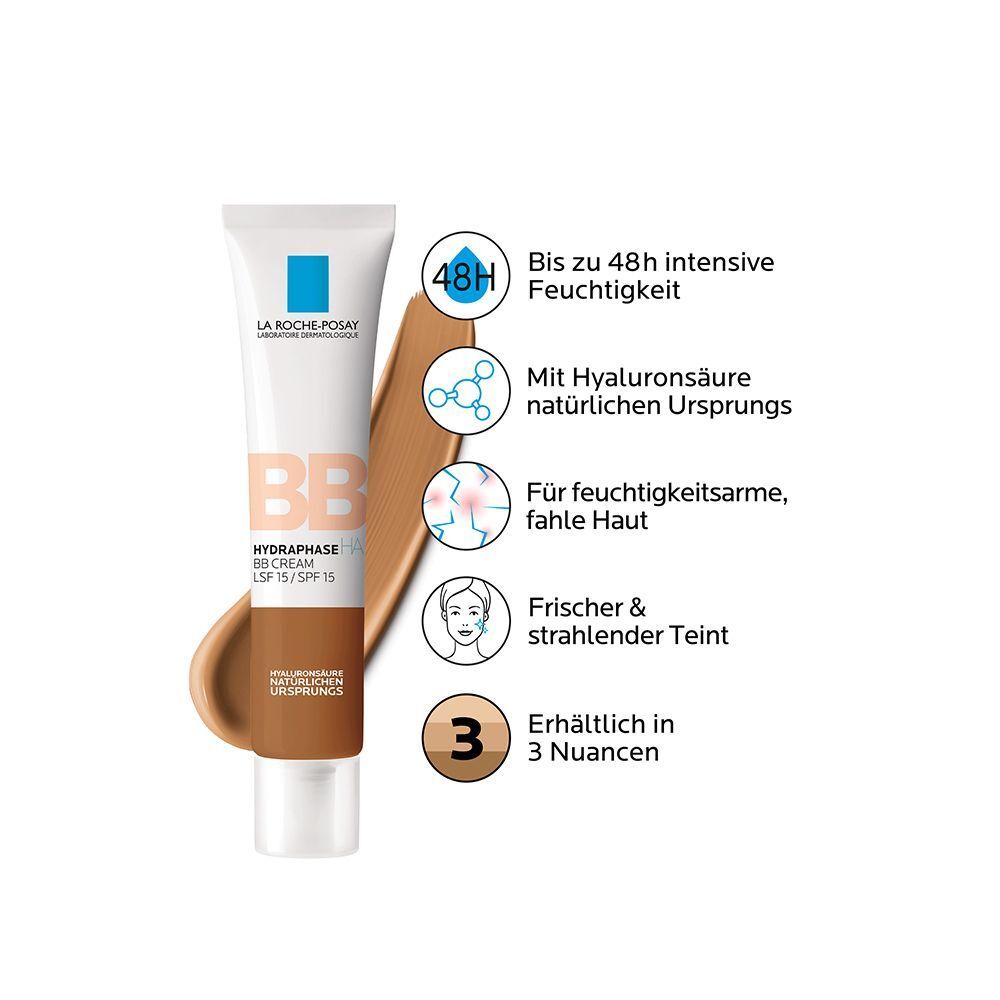 Tube BB Cream Dunkel mit Farbstrich. Text: Feuchtigkeit, Hyaluronsäure, 3 Nuancen. Marke La Roche-Posay.