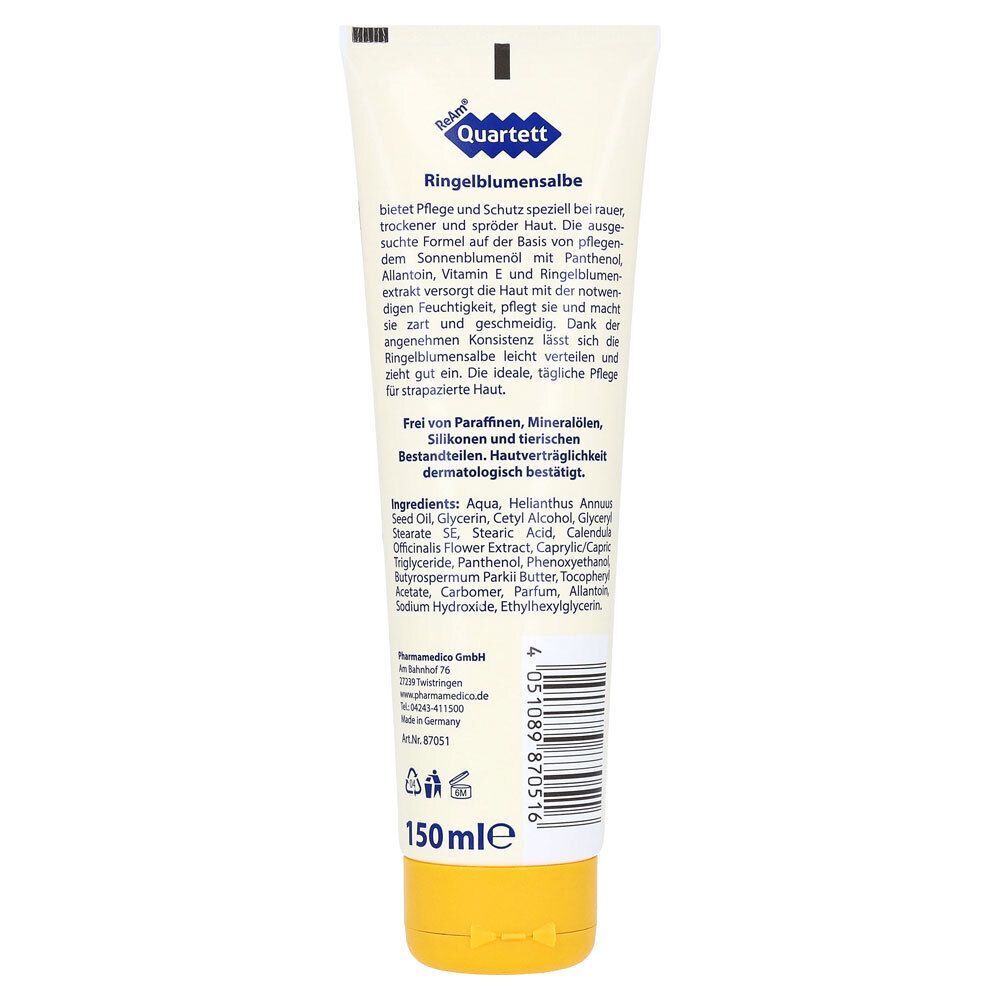 Tube Ringelblumensalbe, Rückseite. Weiße Tube mit gelbem Verschluss. Text: Produktname, Inhaltsstoffe, Herstellerinformationen.