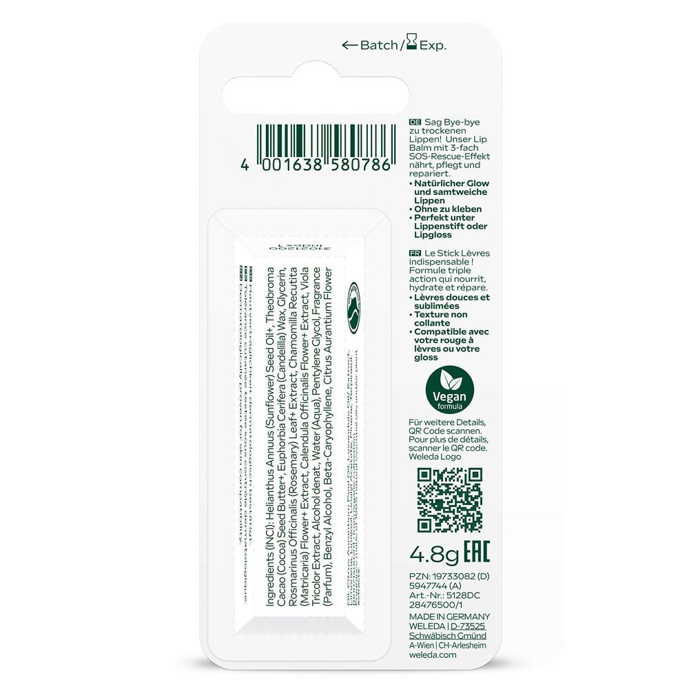 Rückseite der Skin Food Lip Balm Verpackung. Enthält Informationen zu Inhaltsstoffen, QR-Code, Vegan-Siegel und 4.8g.