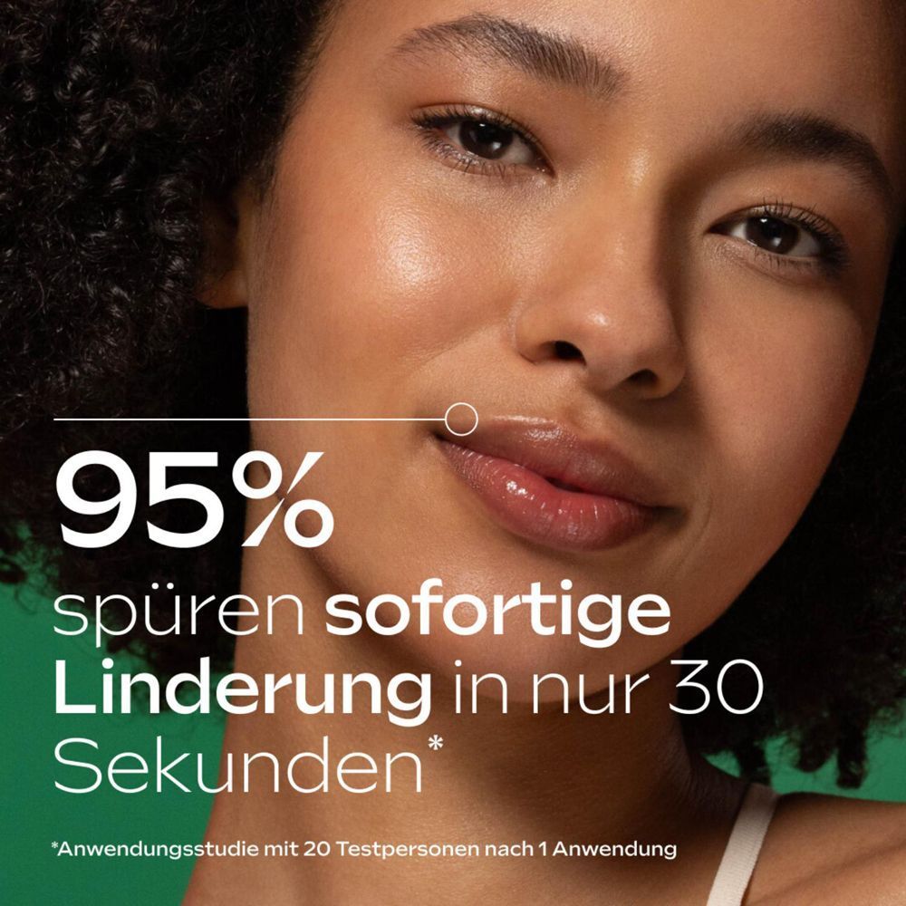 Nahaufnahme einer Frau mit Lippen. Text: 95% spüren sofortige Linderung in nur 30 Sekunden.