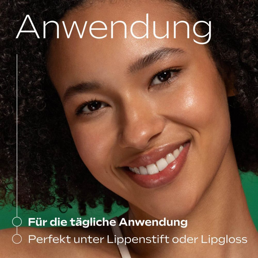 Frau mit Lippen. Text: Anwendung. Für die tägliche Anwendung. Perfekt unter Lippenstift oder Lipgloss.
