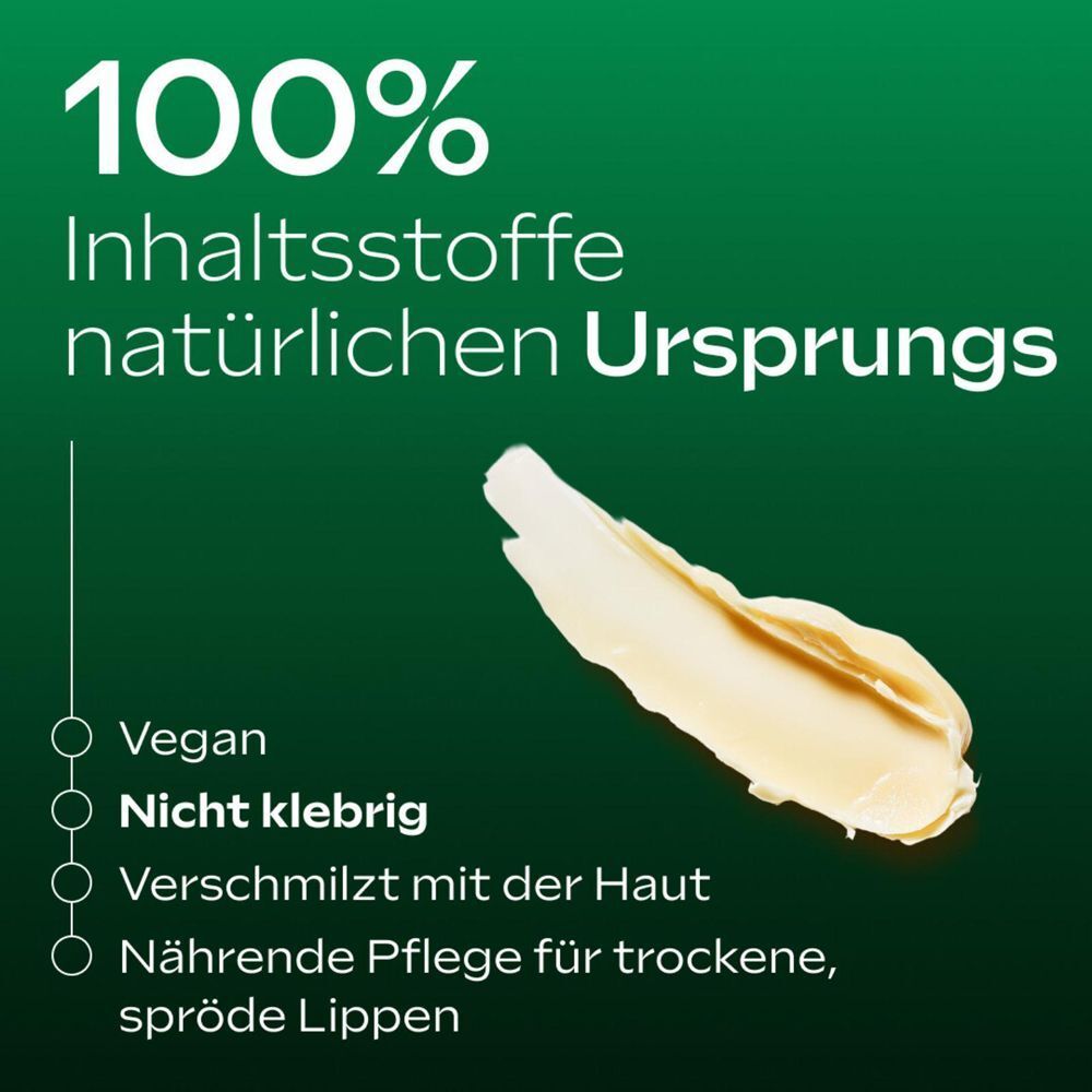 Produktprobe auf weißem Hintergrund. Text: 100% Inhaltsstoffe natürlichen Ursprungs. Vegan, nicht klebrig, verschmilzt mit der Haut.