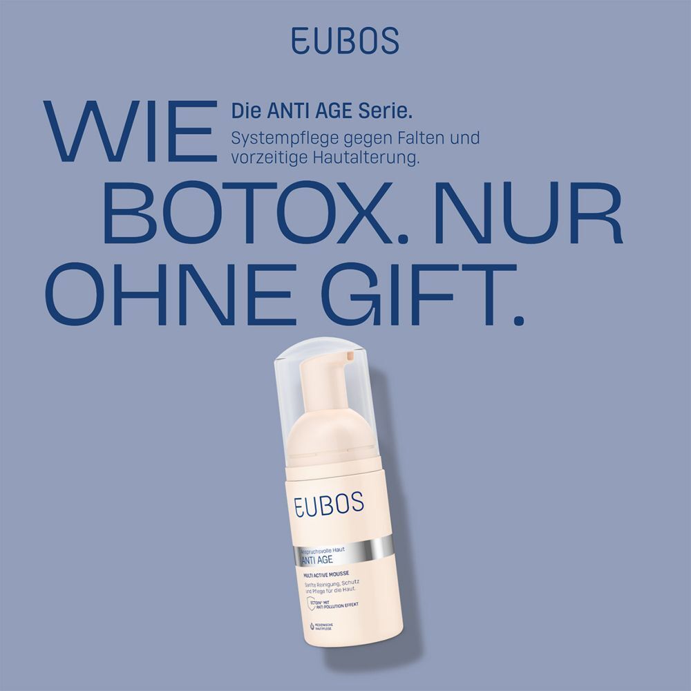 EUBOS Anti Age Mousse. Beige Flasche mit Pumpaufsatz und transparentem Deckel. Text: Wie Botox. Nur ohne Gift.