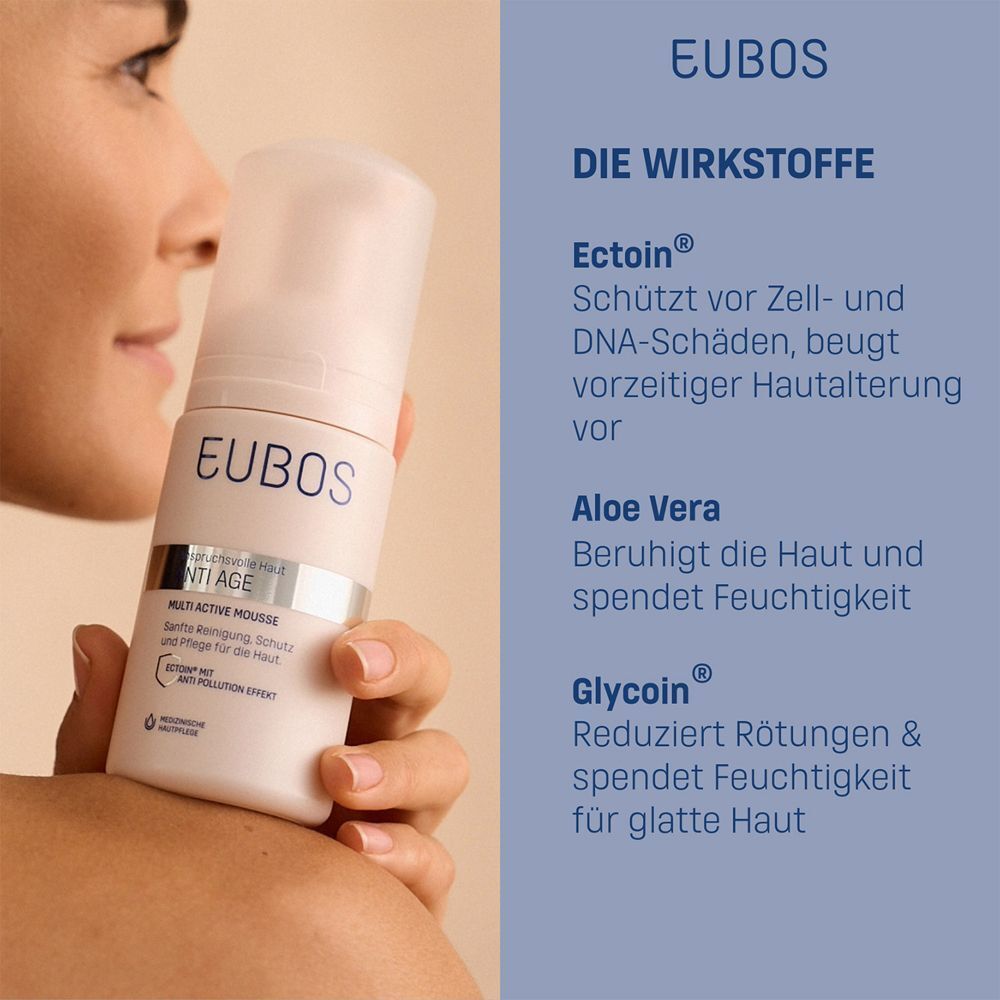 EUBOS Anti Age Mousse. Beige Flasche mit Pumpaufsatz. Text: Wirkstoffe: Ectoin, Aloe Vera, Glycoin. Frau hält Flasche.