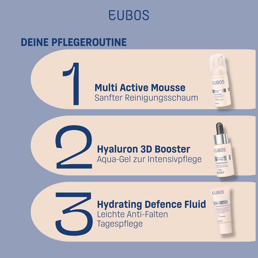 EUBOS Pflege-Routine. Produkte: Multi Active Mousse, Hyaluron 3D Booster, Hydrating Defence Fluid.