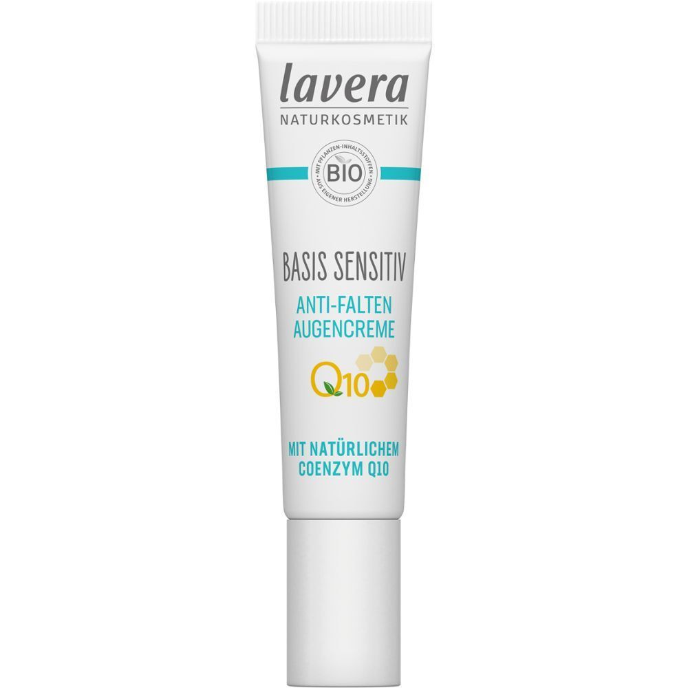 Tube Augencreme. Aufdrucke: lavera, Basis Sensitiv, Anti-Falten Augencreme, Q10, Bio-Malve & Bio-Sheabutter. Vegan-Siegel.