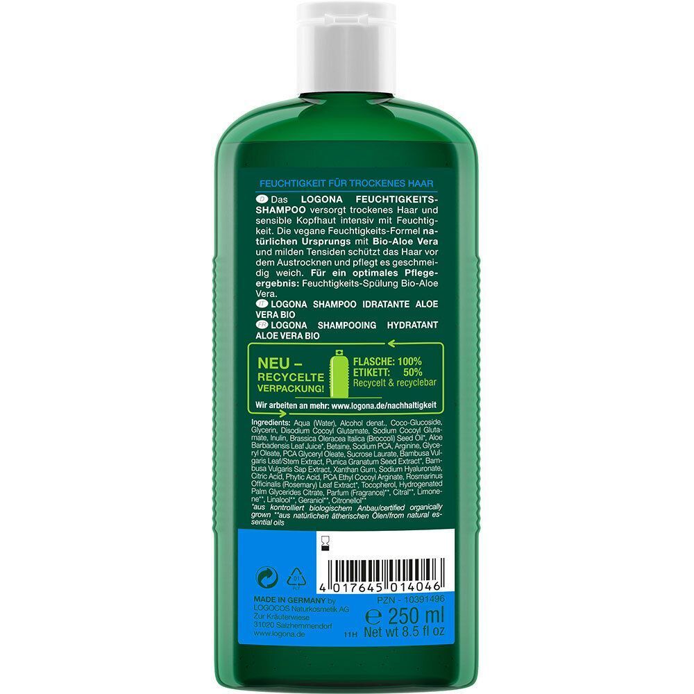 Rückseite einer grünen Flasche LOGONA Feuchtigkeitsshampoo. Text, Inhaltsstoffe, Logo, Vegan-Siegel, Recycling-Hinweis und Volumenangabe.