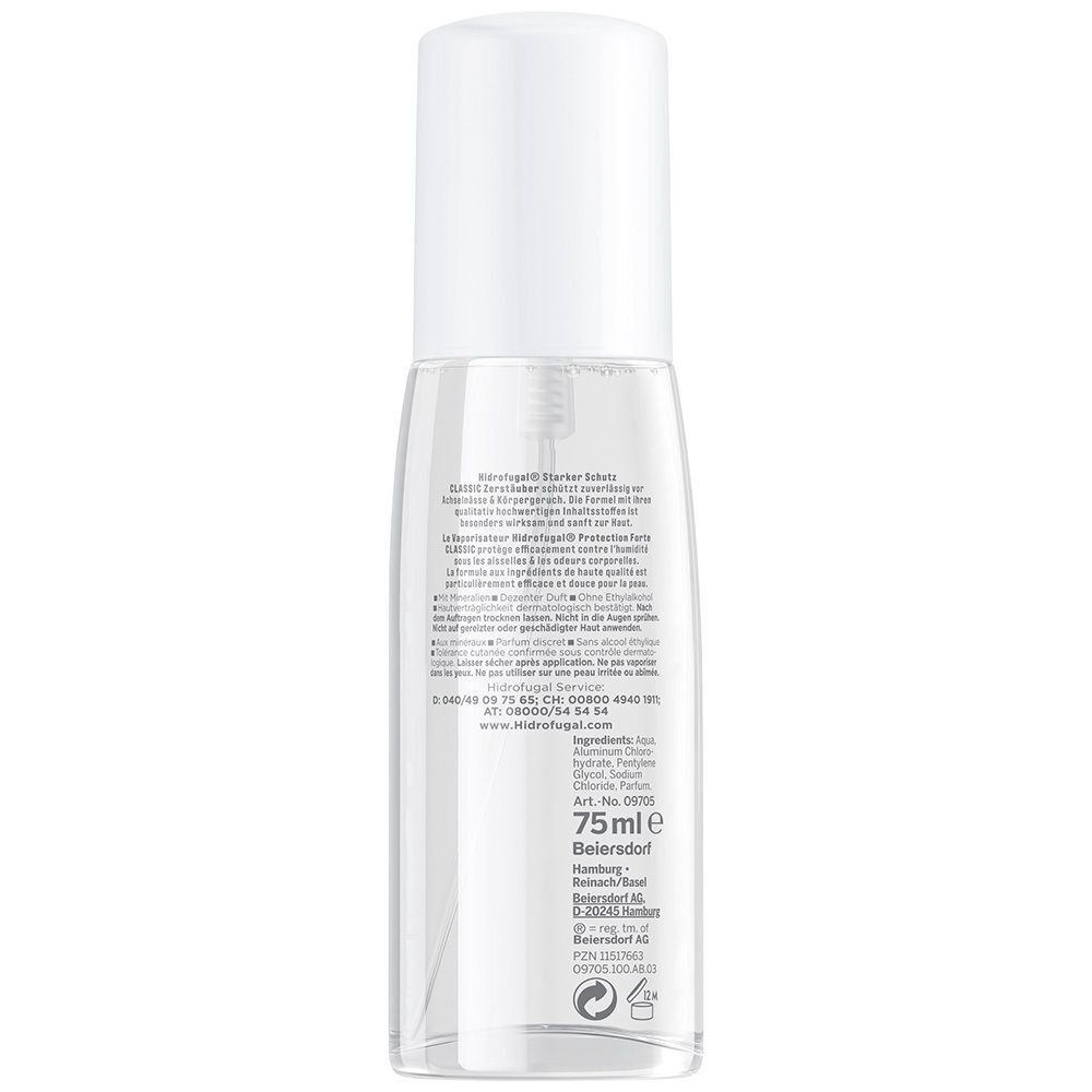 Transparente Sprühflasche mit weißem Deckel. Rückseite mit Text und Inhaltsangaben. Volumen: 75ml. Herstellerangaben.