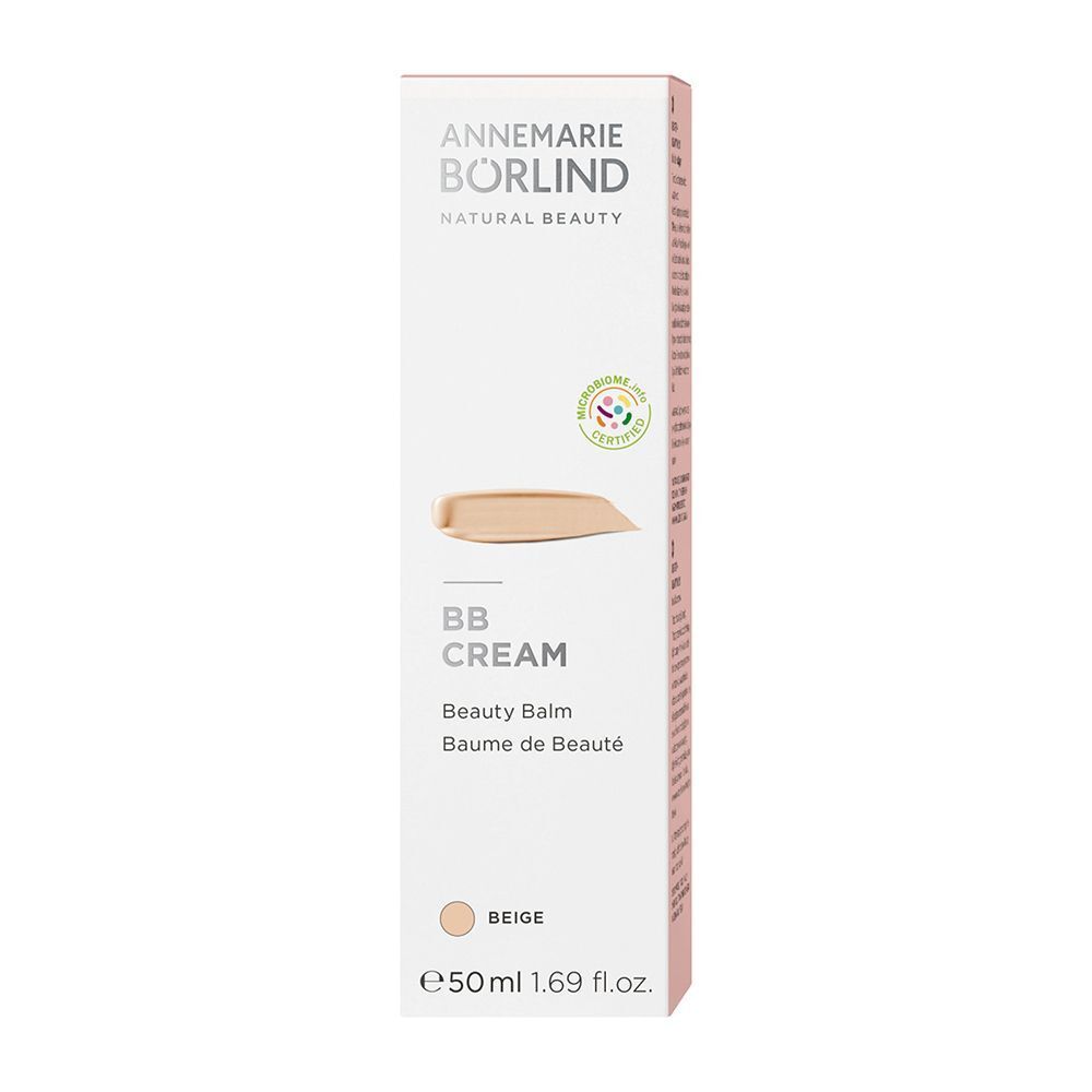 Verpackung der BB Cream Beige. Aufschrift: ANNEMARIE BÖRLIND, BB CREAM, Beauty Balm, Beige. Inhalt: 50 ml, 1.69 fl.oz. Mit Zertifizierung.