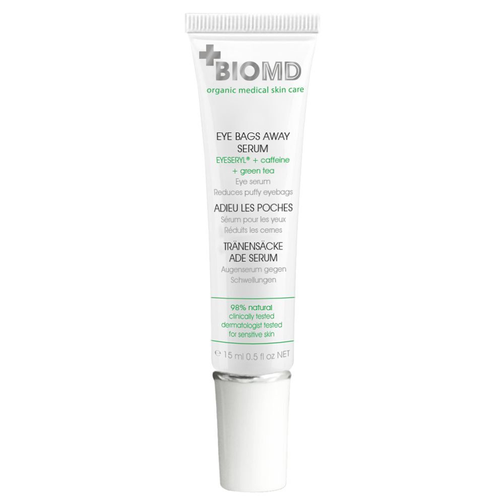 Weiß-grüne Tube mit BIOMD-Logo und Produktbezeichnung: Eye Bags Away Serum. Enthält Eyeseryl, Koffein, grüner Tee. 15 ml.