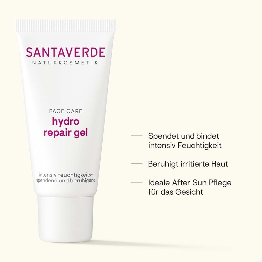 Weiße Tube mit SANTAVERDE-Logo und Aufschrift "hydro repair gel", Text daneben.