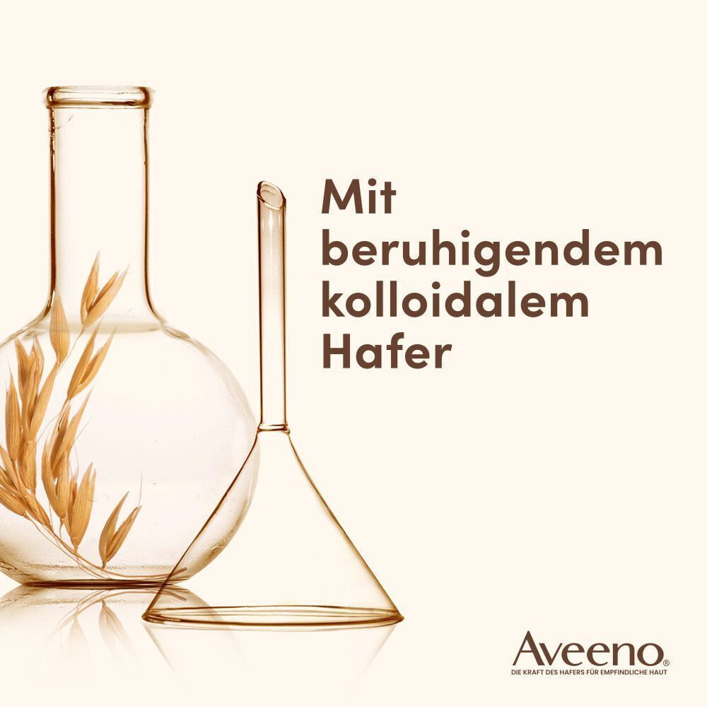 Glasbehälter mit Haferähren und Trichter. Text: "Mit beruhigendem kolloidalem Hafer". Aveeno® Logo.