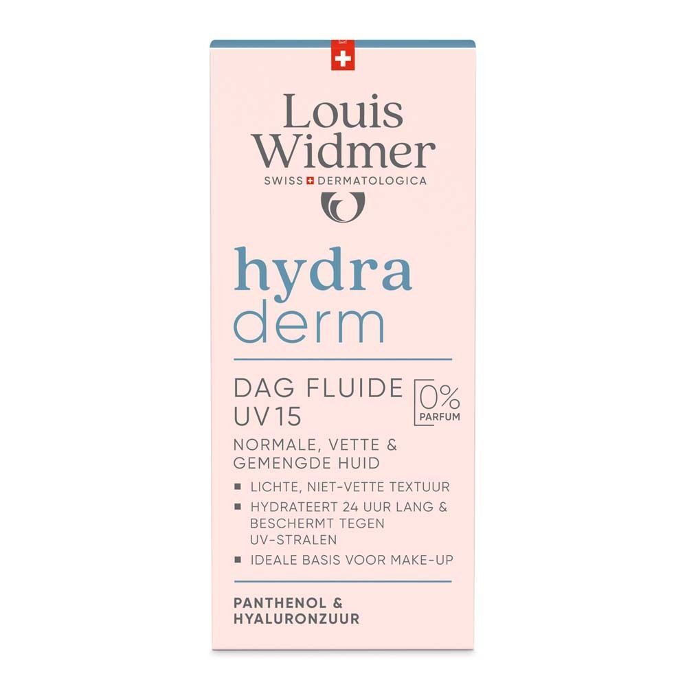 Louis Widmer hydra derm Tagesfluid UV 15 Verpackung. Rosa, mit Text: hydra derm, Dag Fluide UV 15, 0% Parfum. Für normale, vette & gemengde huid.