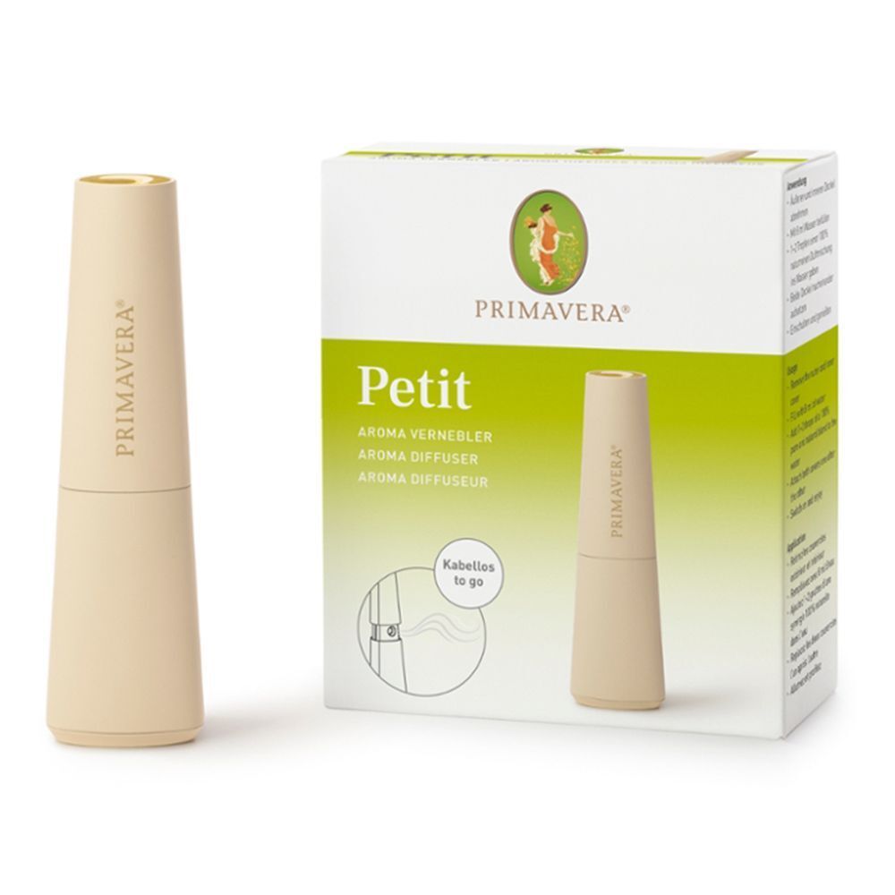 Beiger Aroma Diffusor neben Produktverpackung. Aufschrift: PRIMAVERA, Petit Aroma Vernebler. Kabellos to go.
