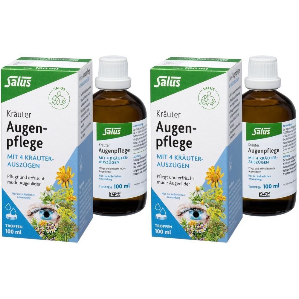 Zwei Flaschen und zwei Kartons Salus® Kräuter Augenpflege. Braune Flaschen mit weißen Deckeln. Kartons mit Produktinformationen und Logo.
