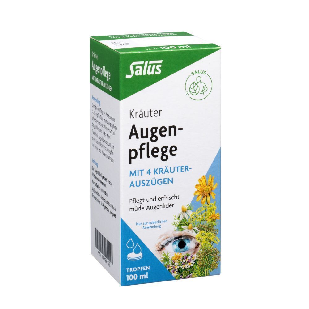 Salus® Kräuter Augenpflege-Verpackung. Weißer Karton mit Produktnamen, Logo und Illustration eines Auges mit Kräutern.