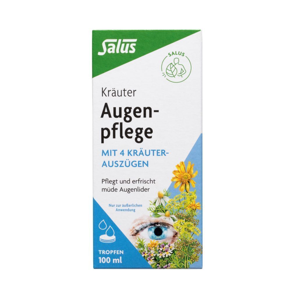 Salus® Kräuter Augenpflege-Verpackung. Weißer Karton mit Produktnamen, Logo und Illustration eines Auges mit Kräutern.