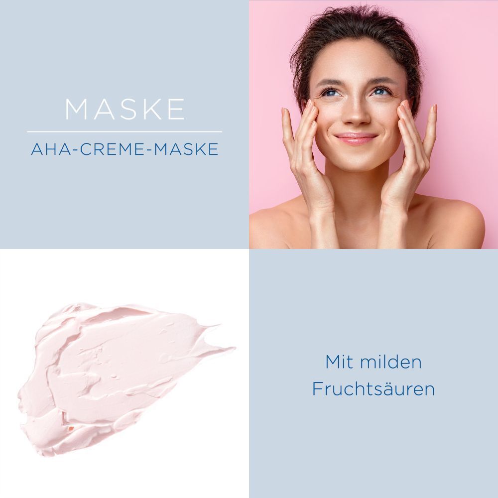 Aufgeteiltes Bild. Oben: Frau mit Händen im Gesicht. Unten links: rosa Creme. Text: MASKE, AHA-CREME-MASKE, Mit milden Fruchtsäuren.