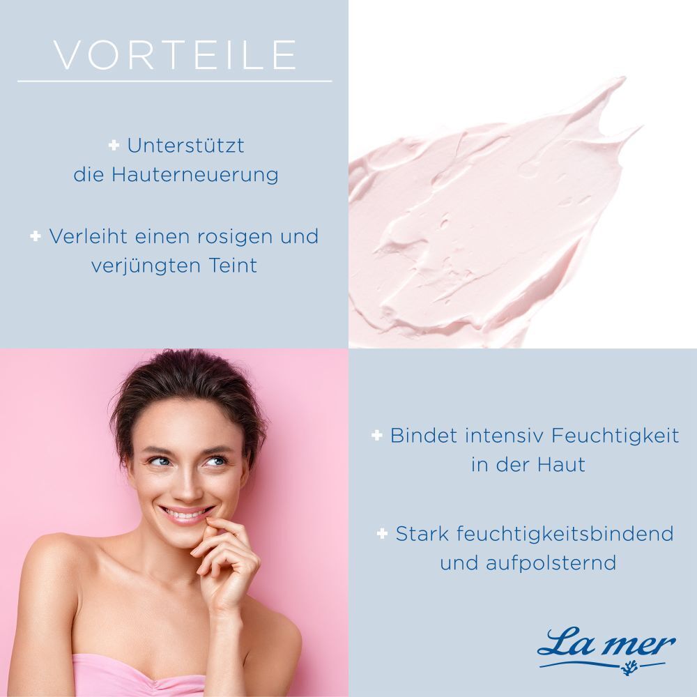 Aufgeteiltes Bild. Oben rechts: rosa Creme. Unten: Frau lächelt. Text: Vorteile, unterstützt die Hauterneuerung, bindet Feuchtigkeit.