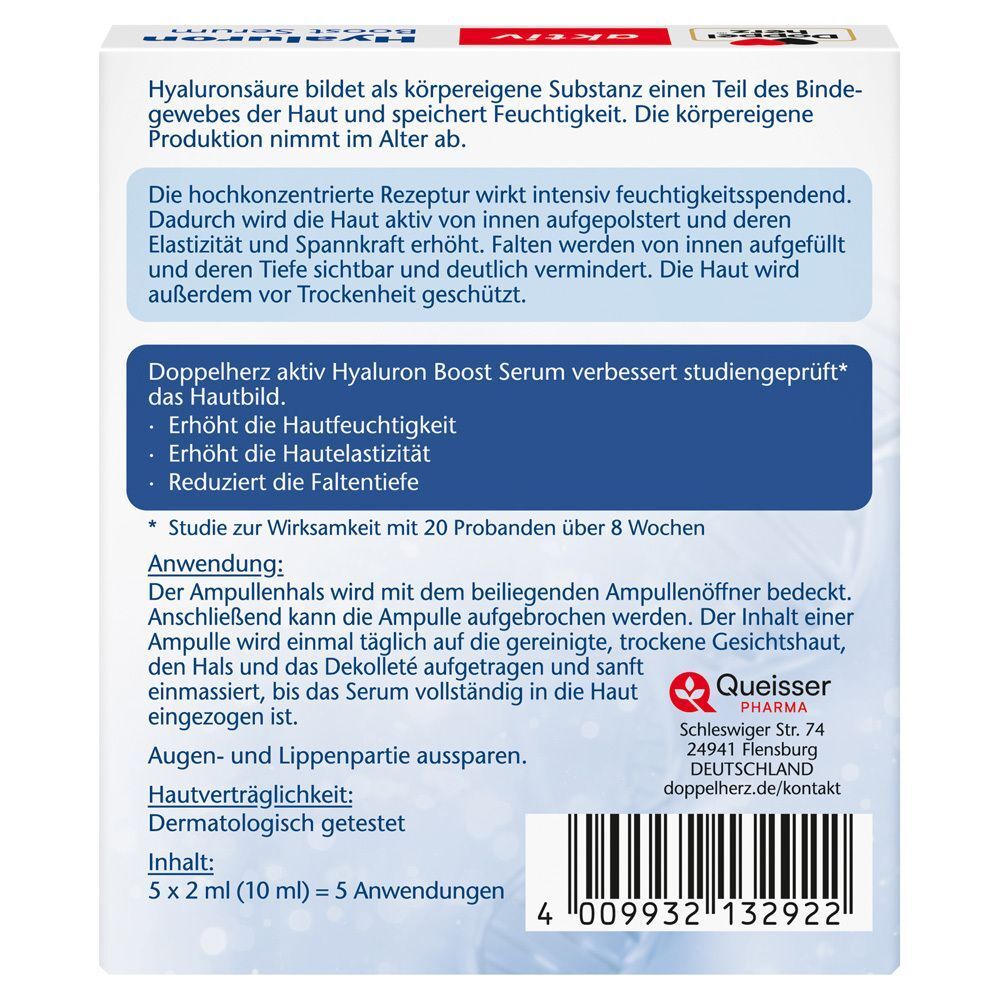 Rückseite der Doppelherz Hyaluron Boost Serum Verpackung. Text über Hyaluronsäure, Vorteile und Anwendung. Herstellerinformationen.