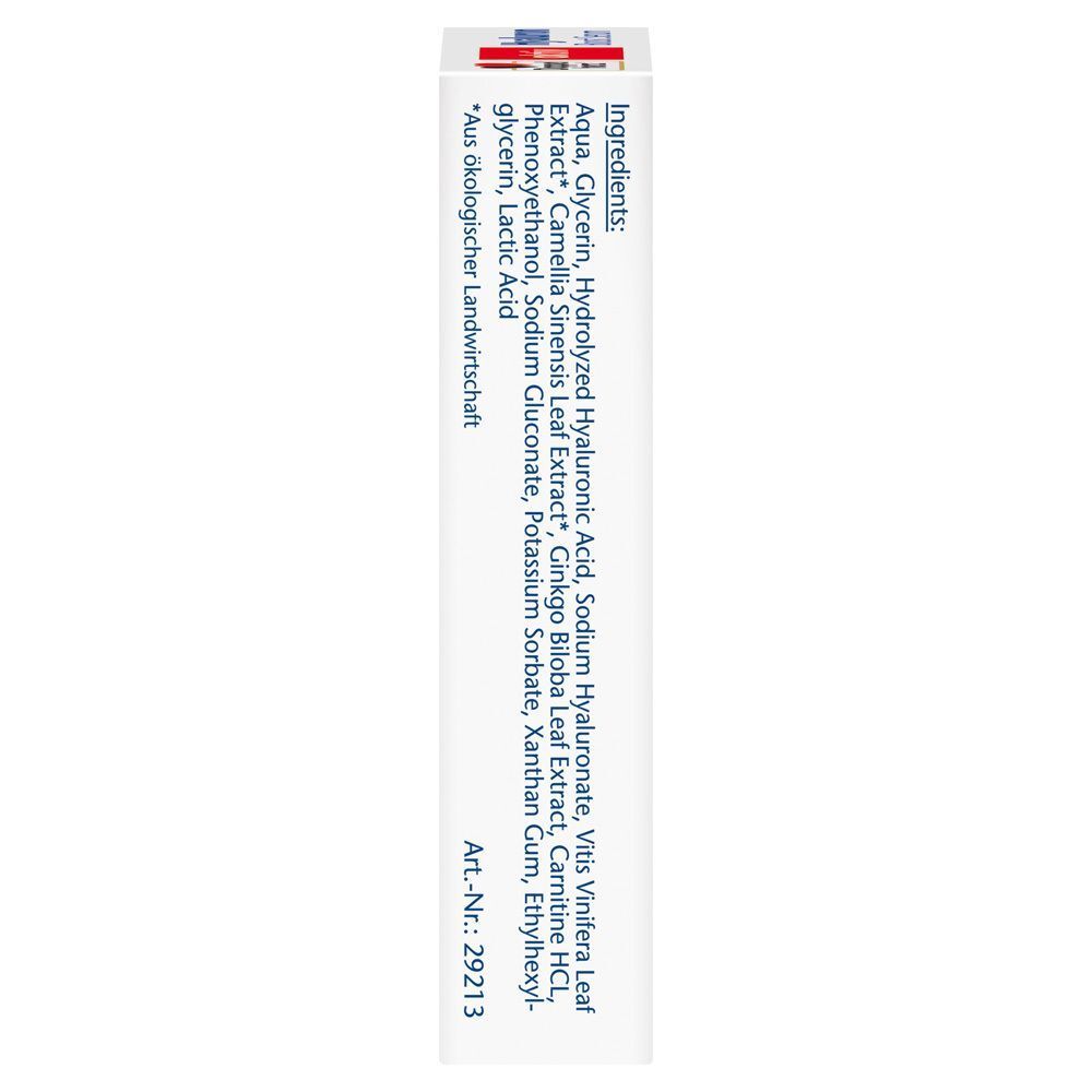 Seitenansicht der Doppelherz Hyaluron Boost Serum Verpackung. Auflistung der Inhaltsstoffe. Art.-Nr. 29213.