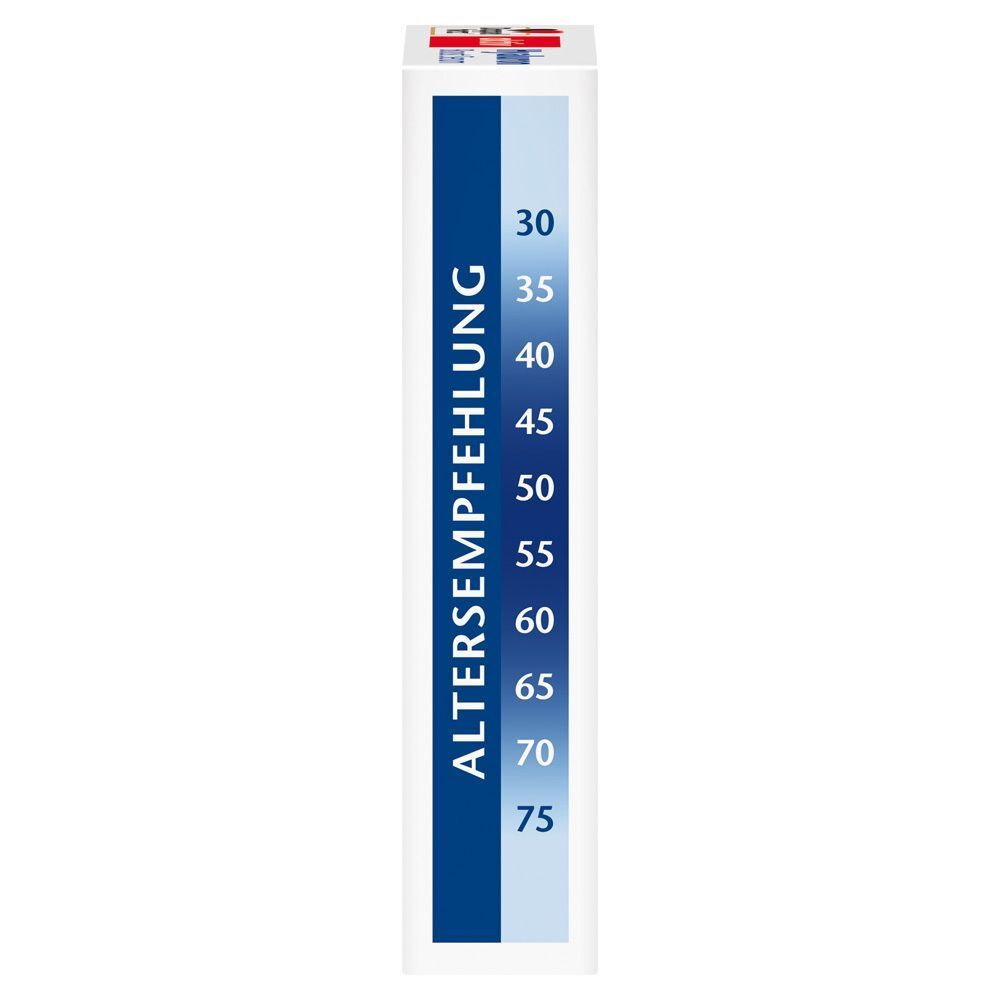 Seitenansicht der Doppelherz Hyaluron Boost Serum Verpackung. Alters-Empfehlung mit Zahlen von 30 bis 75.