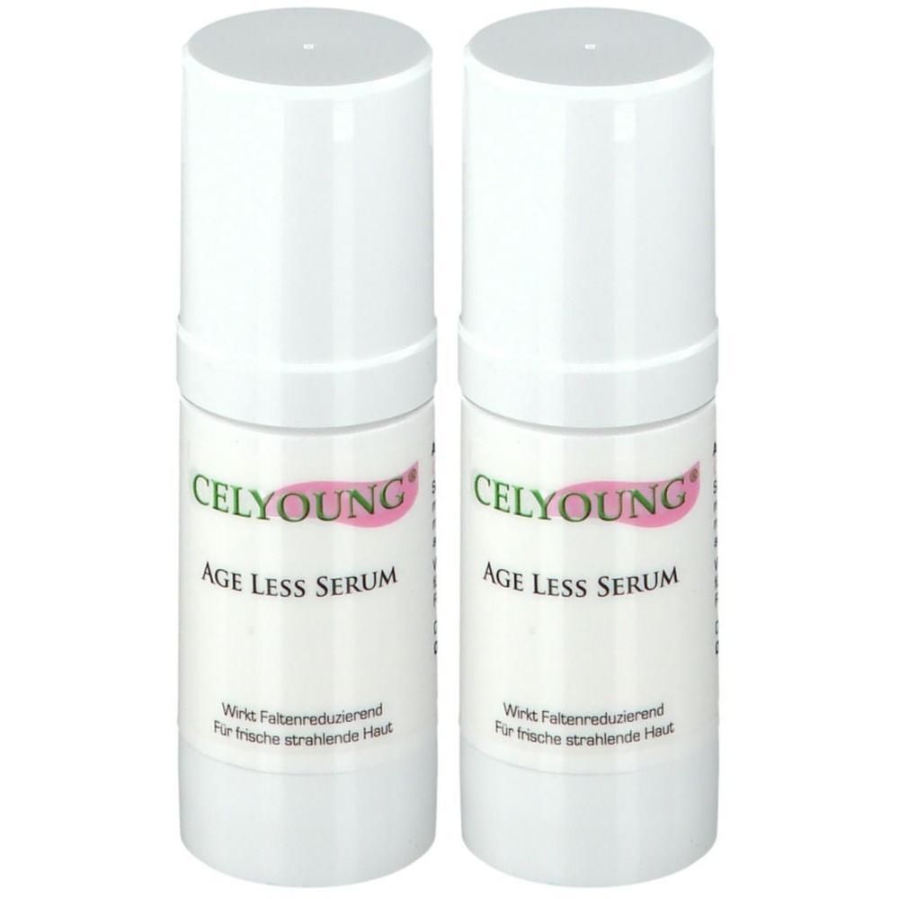 Zwei weiße Flaschen mit Aufschrift CELYOUNG Age Less Serum. Text: Wirkt Faltenreduzierend, Für frische strahlende Haut.