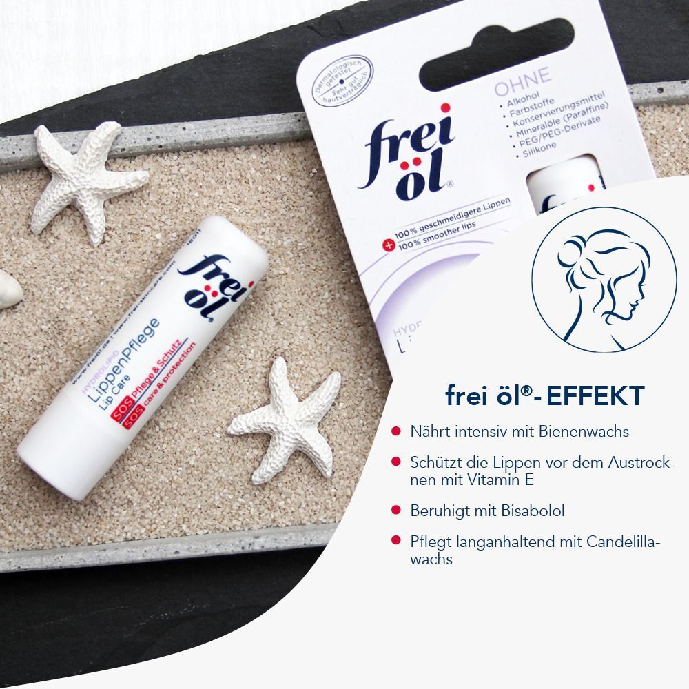 Weißer Lippenpflegestift auf Sand. Aufschrift: frei öl® HYDROLIPID LippenPflege SOS Pflege & Schutz. Verpackung mit Aufschrift: OHNE.