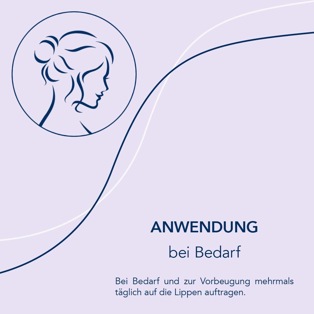 Grafik mit einer Frau und Text: ANWENDUNG bei Bedarf. Text: Bei Bedarf und zur Vorbeugung mehrmals täglich auf die Lippen auftragen.