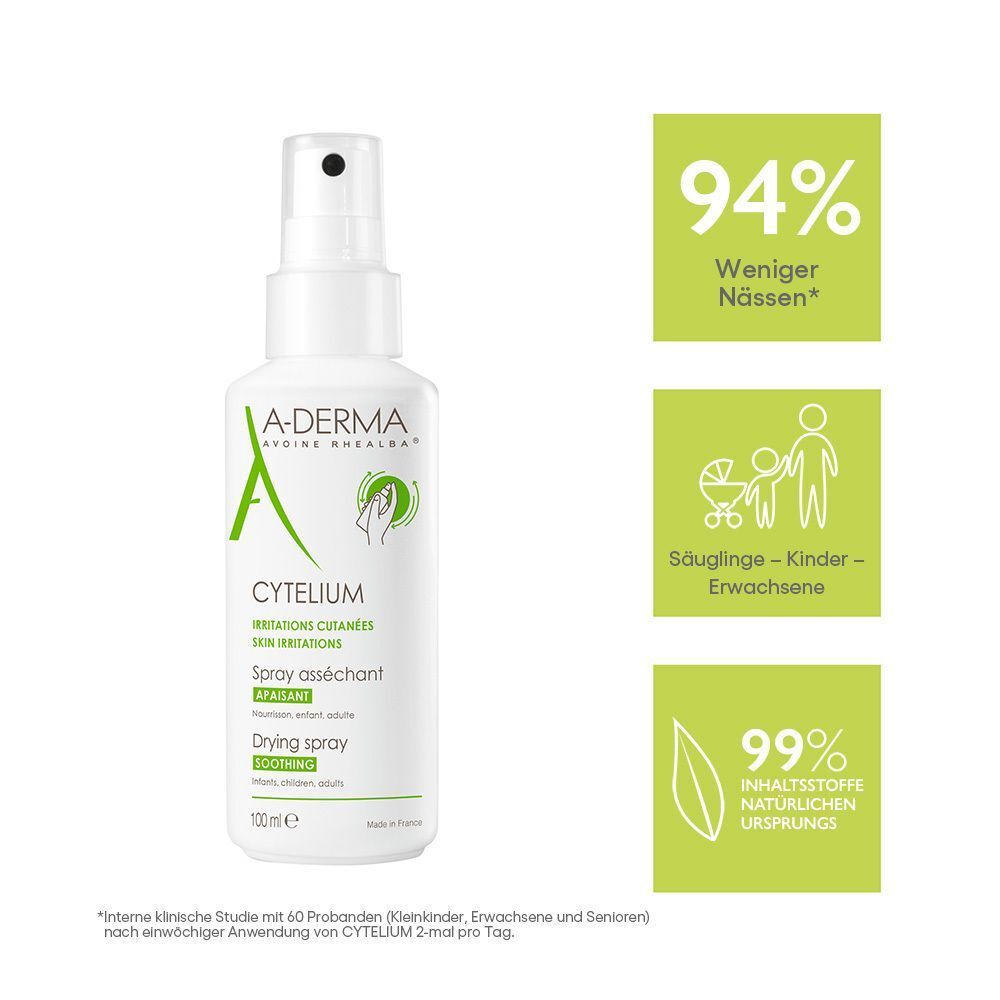 Weiße Sprühflasche A-DERMA CYTELIUM. Text: Irritations cutanées, Spray asséchant, Drying spray. Grafiken: 94% weniger Nässe, Säuglinge-Kinder-Erwachsene, 99% natürliche Inhaltsstoffe.