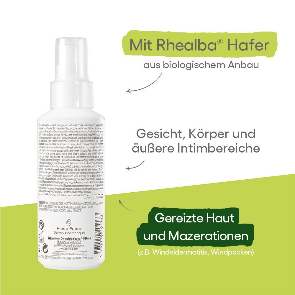 Rückseite der weißen Sprühflasche A-DERMA CYTELIUM. Text: Gesicht, Körper und äußere Intimbereiche. Mit Rhealba® Hafer aus biologischem Anbau.