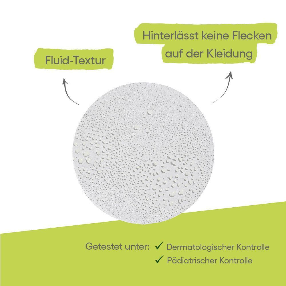 Kreisförmige Darstellung von Flüssigkeitstropfen. Text: Fluid-Textur. Hinterlässt keine Flecken auf der Kleidung.