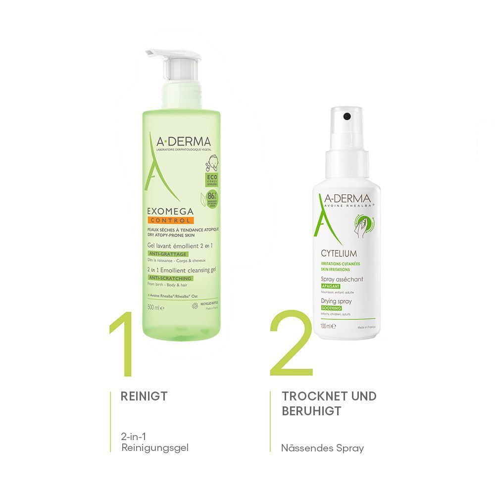 Zwei Produkte: 2-in-1 Reinigungsgel und A-DERMA CYTELIUM Spray. Text: Reinigt, Trocknet und beruhigt.