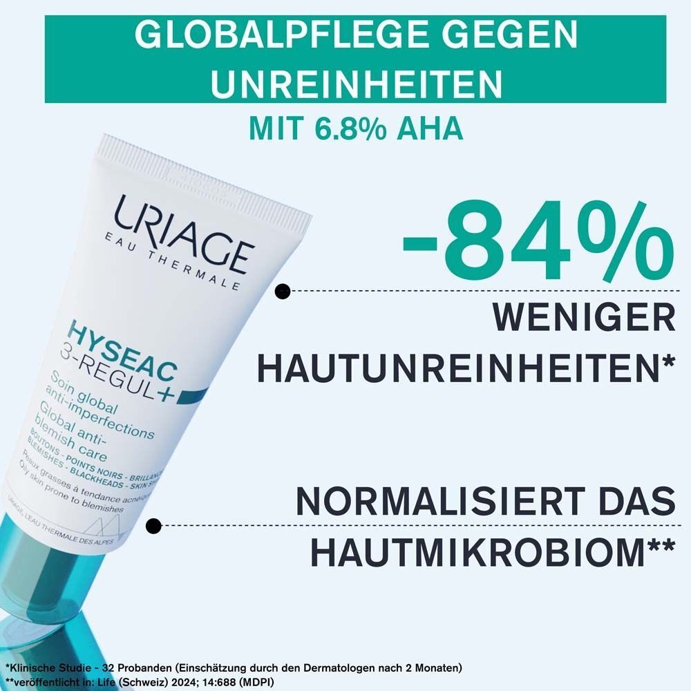 Tube URIAGE Hyseac 3-Regul+ Creme. Text: globale Pflege gegen Unreinheiten, mit 6.8% AHA, -84% weniger Hautunreinheiten, normalisiert das Hautmikrobiom.