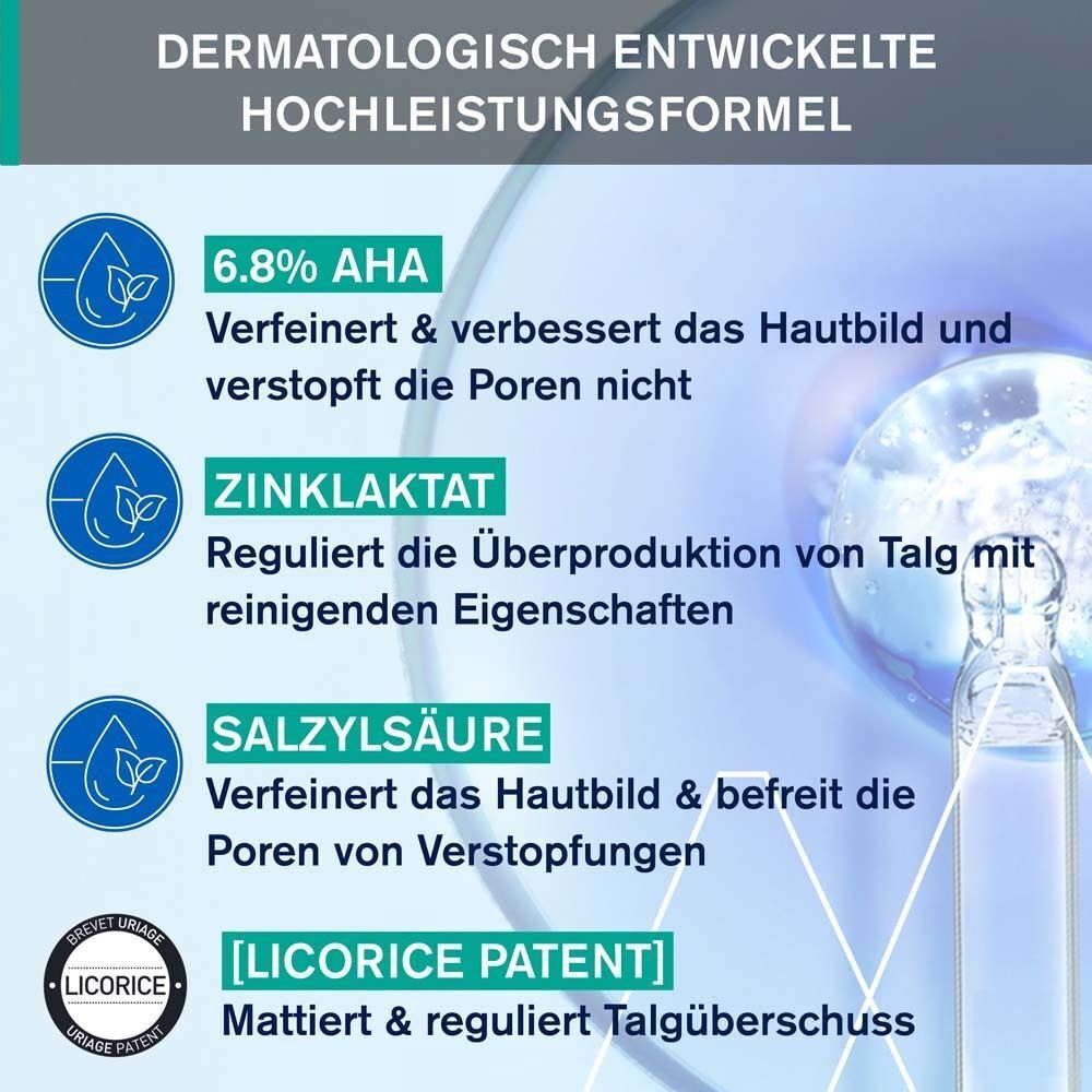 Grafik mit Inhaltsstoffen: 6.8% AHA, Zinklaktat, Salizylsäure, [LICORICE PATENT]. Dermatologisch entwickelte Hochleistungsformel.