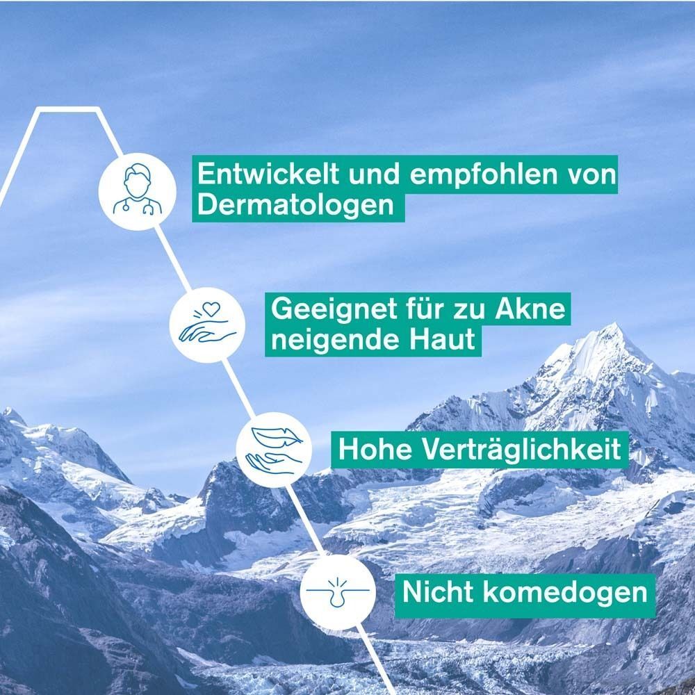 Grafik mit Vorteilen: Entwickelt und empfohlen von Dermatologen, geeignet für zu Akne neigende Haut, hohe Verträglichkeit, nicht komedogen.