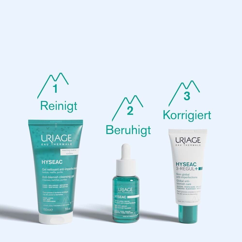 Drei Produkte: URIAGE Hyseac Reinigungsgel, Serum, und Creme. Text: Reinigt, Beruhigt, Korrigiert.