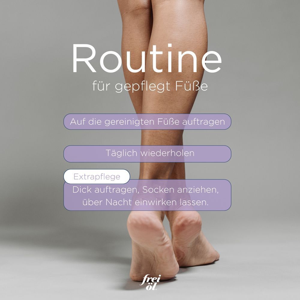Grafik mit Füßen. Text: Routine für gepflegte Füße. Schritte: Auftragen, wiederholen, Extra-Pflege (einwirken lassen).
