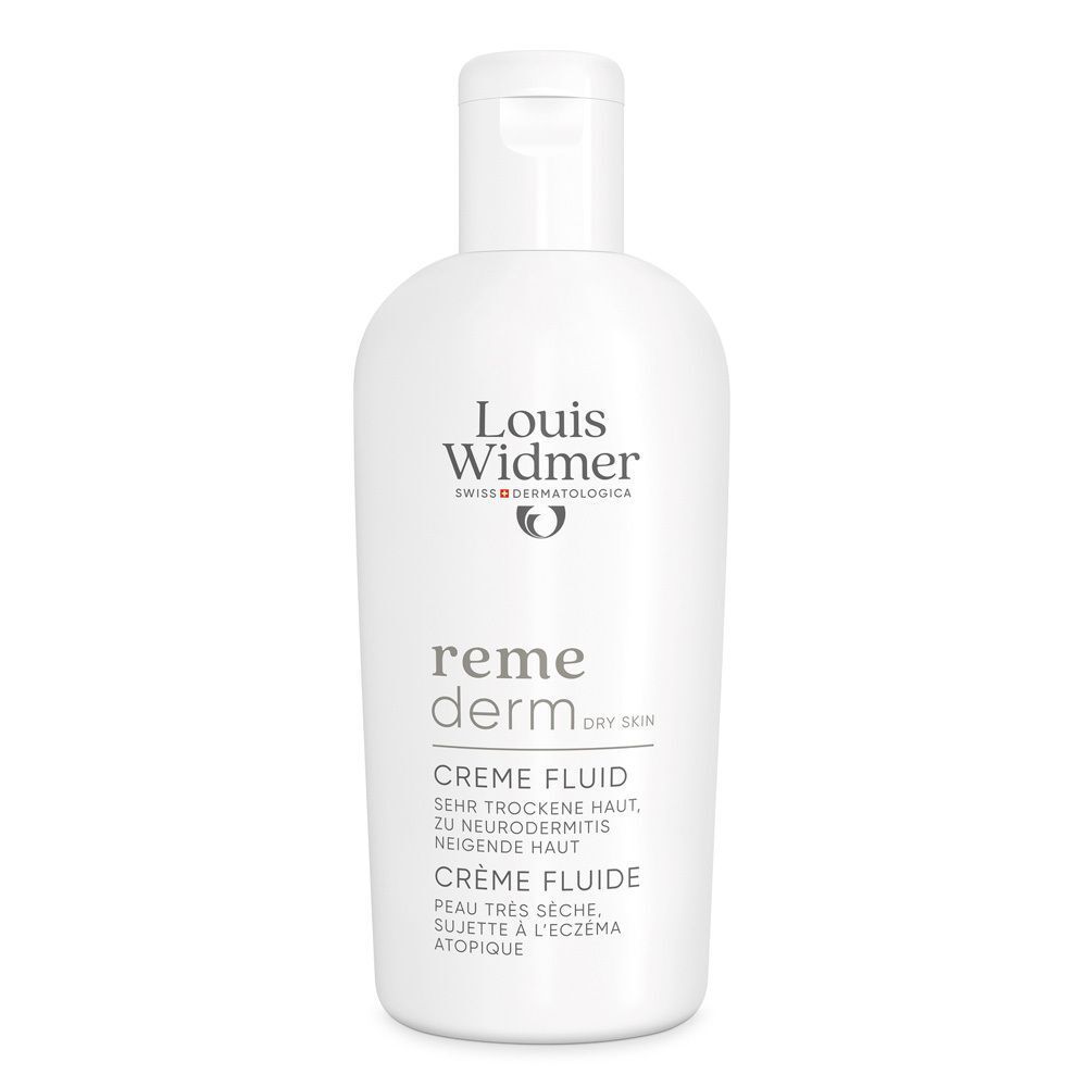 Weiße Flasche Louis Widmer remederm Creme Fluid. Text: Creme Fluid, 0% Parfum, für trockene Haut. Mit Logo und Schweizer Kreuz.